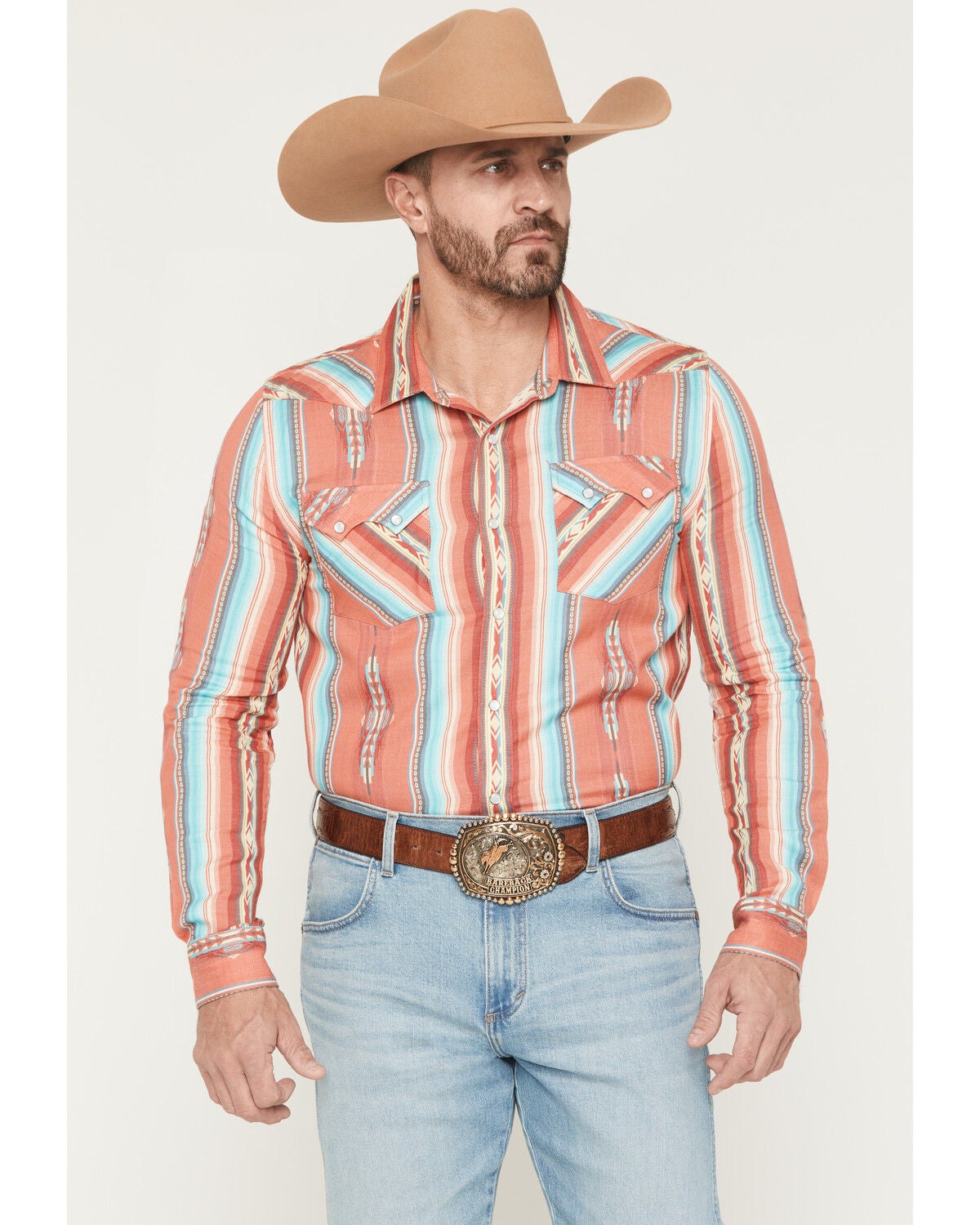 Panhandle Slim Men's Southwestern Striped Long Sleeve Pearl Snap Western Shirt, Red, hi-res