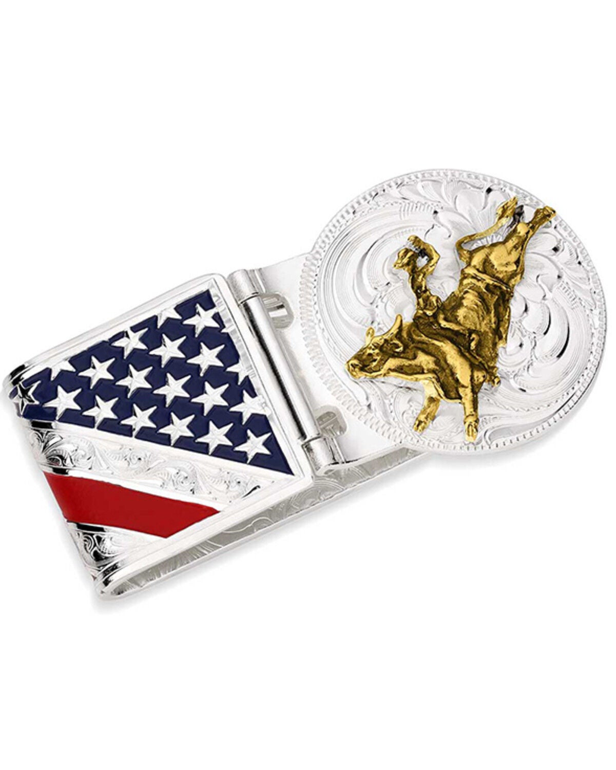 Montana Silversmiths Men's American Made Liberty Hinged Money Clip with Bull Rider, Silver, hi-res
