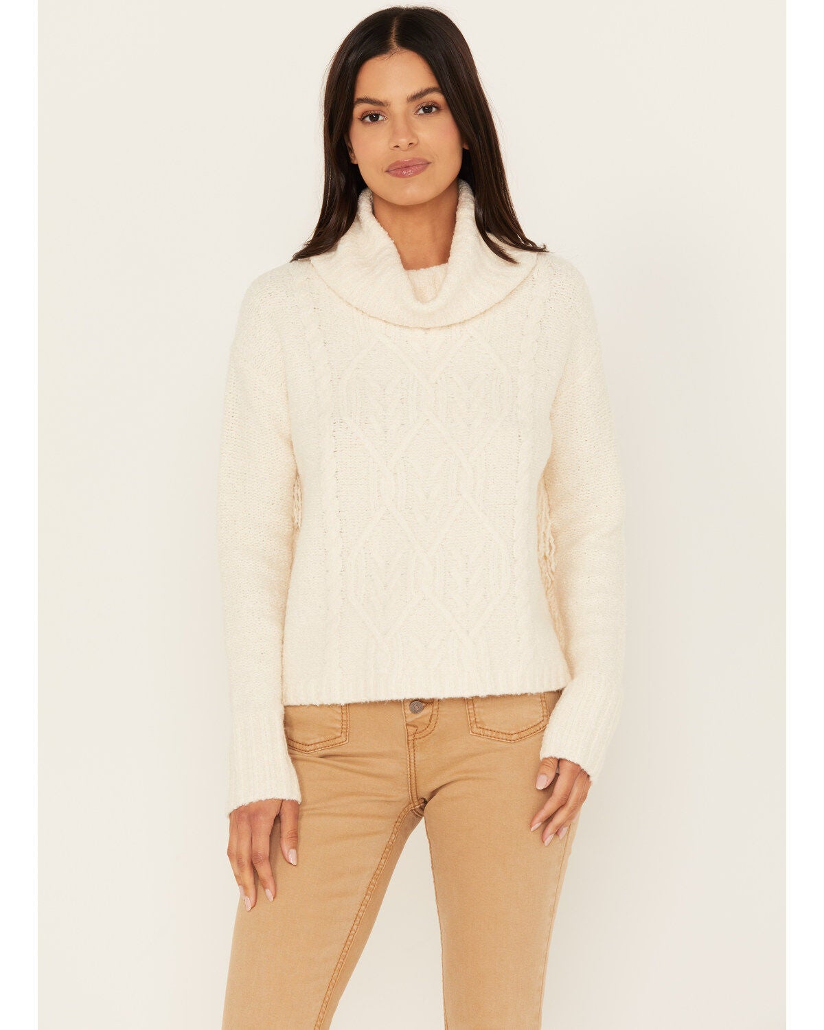 Shyanne Women's Cable Fringe Sweater, Cream, hi-res