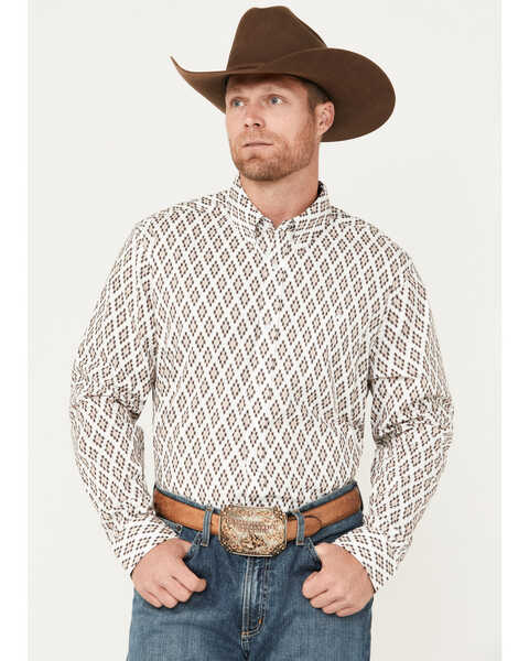 RANK 45® Men's Catfish Southwestern Geo Print Long Sleeve Button-Down Stretch Western Shirt, Coffee, hi-res