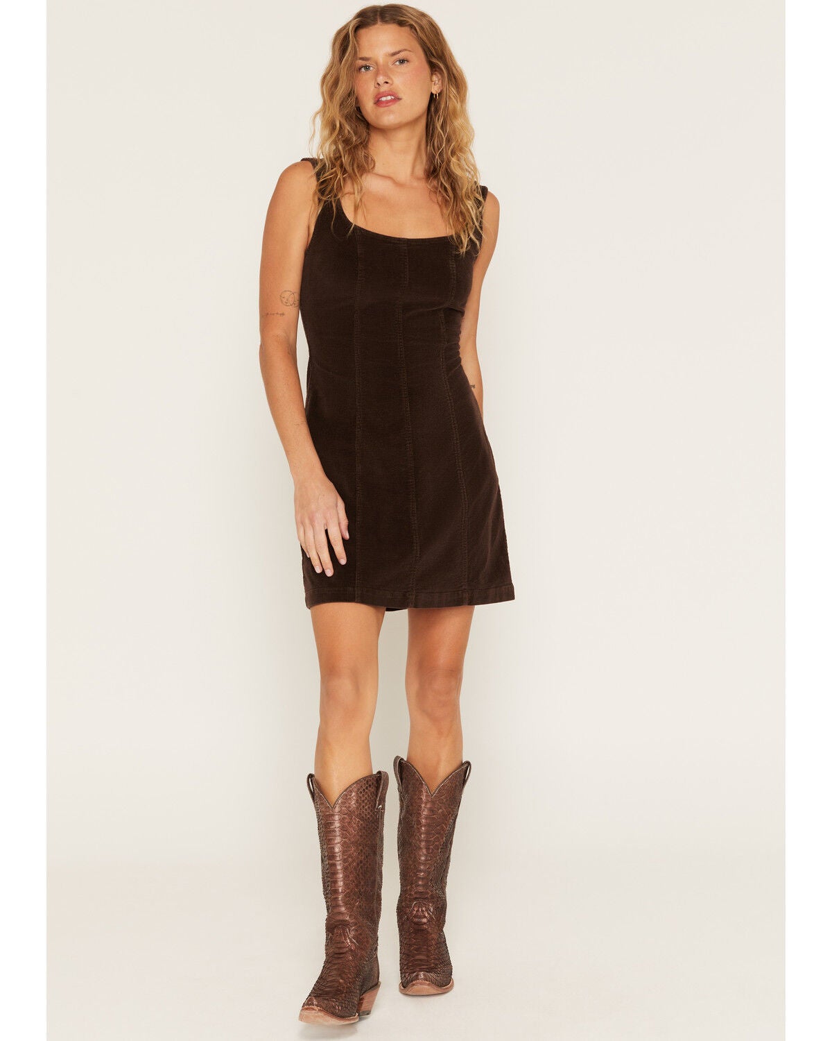 Image #1 - Ashley Women's Sleeveless Strap Open Back Corduroy Mini Dress, Brown, hi-res