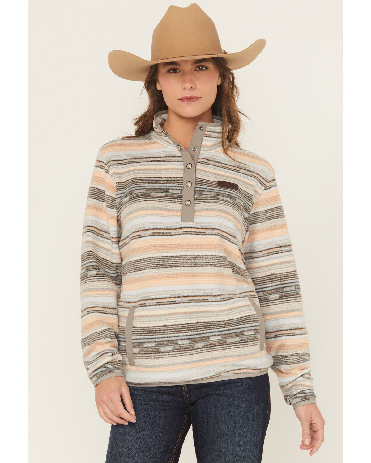 Image #1 - Cinch Women's Striped Print Polar Fleece Snap Pullover, Purple, hi-res