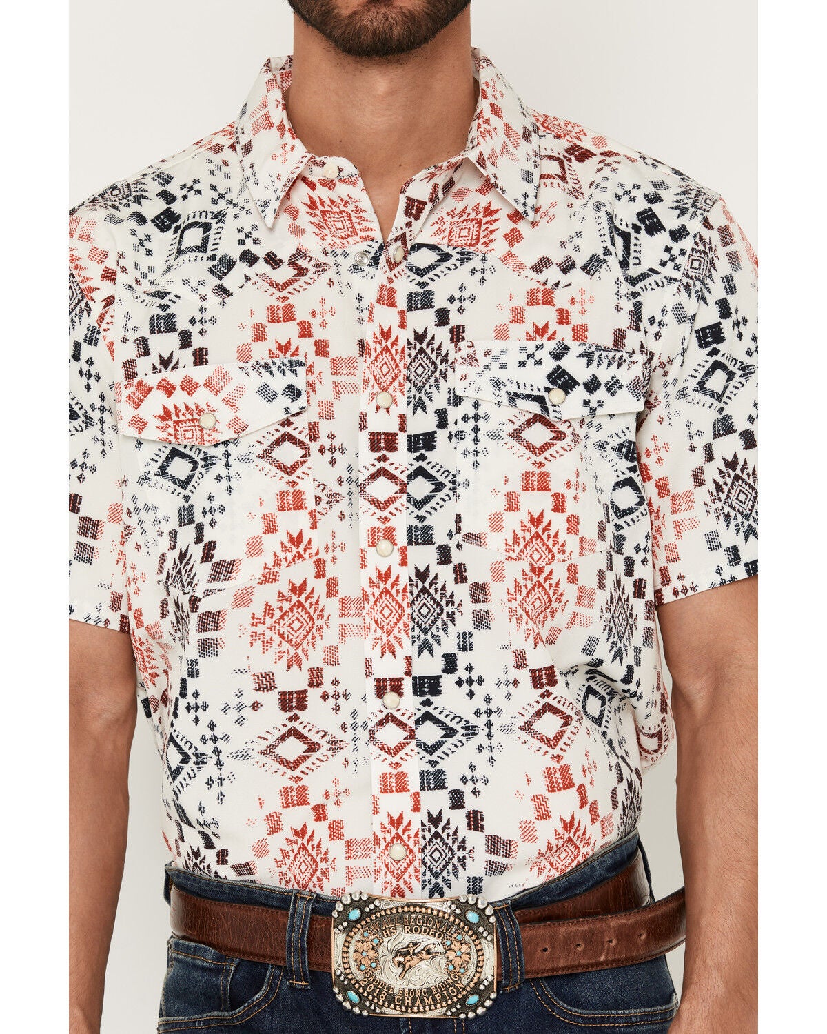 Image #3 - RANK 45&reg; Men's Everglades Southwestern Print Rodeo Tech 2.0 Short Sleeve Snap Stretch Western Shirt, Red, hi-res
