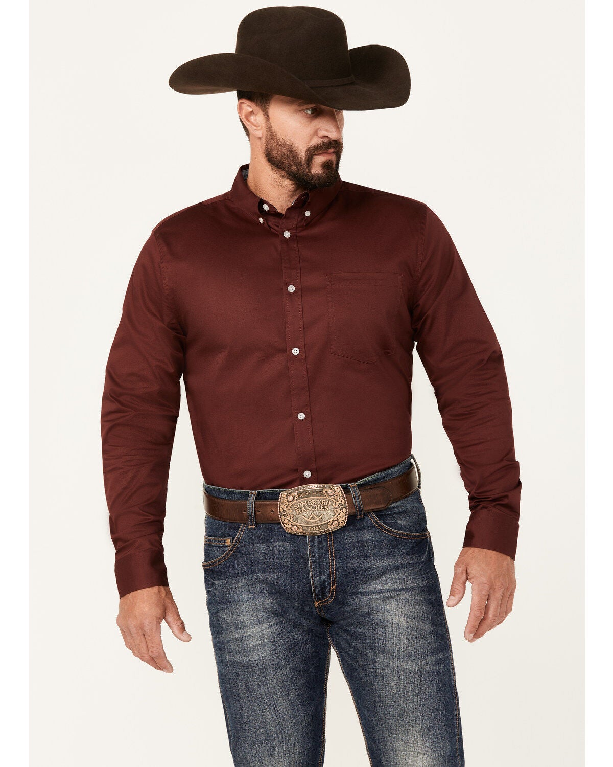 Cody James Men's Basic Twill Long Sleeve Button-Down Performance Western Shirt - Big, Wine, hi-res