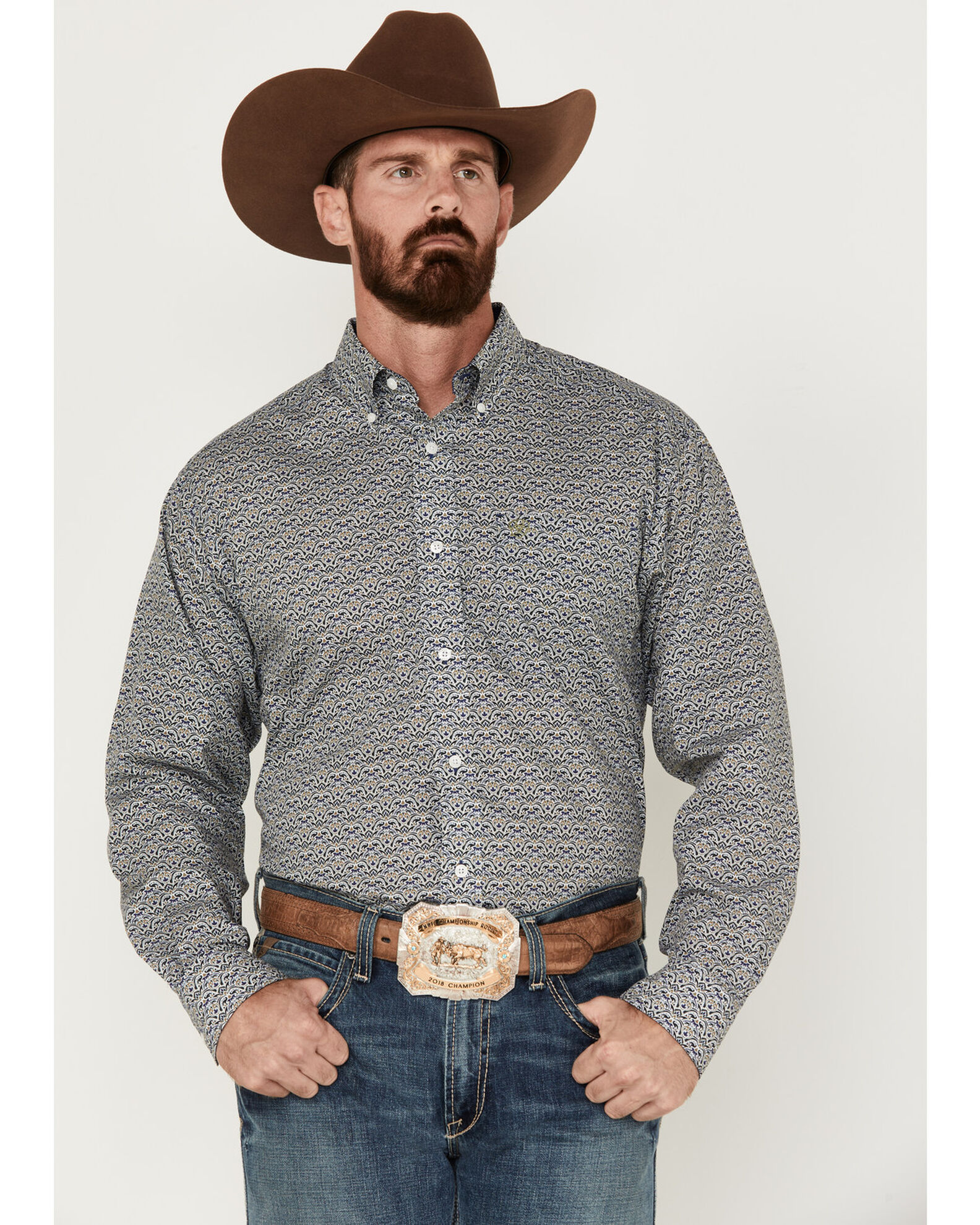 Image #1 - Ariat Men's Iver Floral Print Wrinkle Free Long Sleeve Button Down Shirt, Green, hi-res
