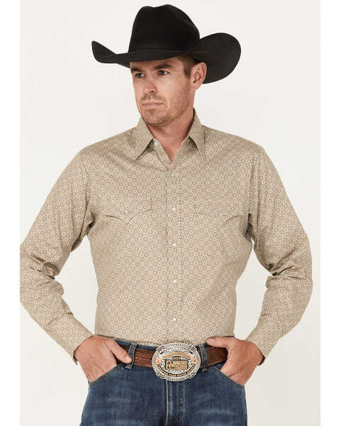 Ely Walker Men's Geo Print Long Sleeve Pearl Snap Western Shirt, Beige ...