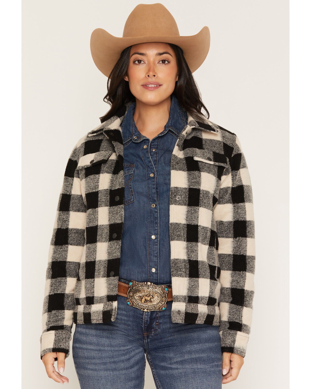 Image #1 - Outback Trading Co Women's Mary Kate Plaid Print Snap Sherpa Jacket, Black, hi-res