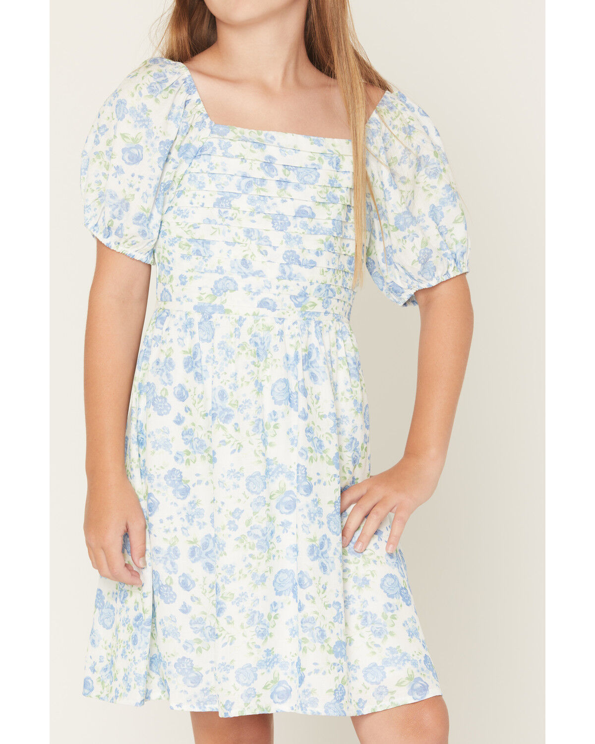 Image #3 - Trixxi Little Girls' Floral Print Puff Sleeve Midi Dress, Blue, hi-res