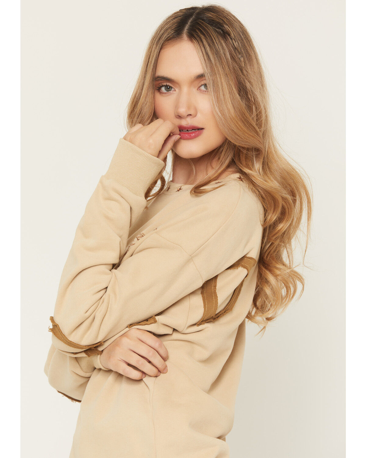 Image #3 - Blue B Women's Embroidered Giddy Up Patch Crewneck Sweatshirt, Tan, hi-res