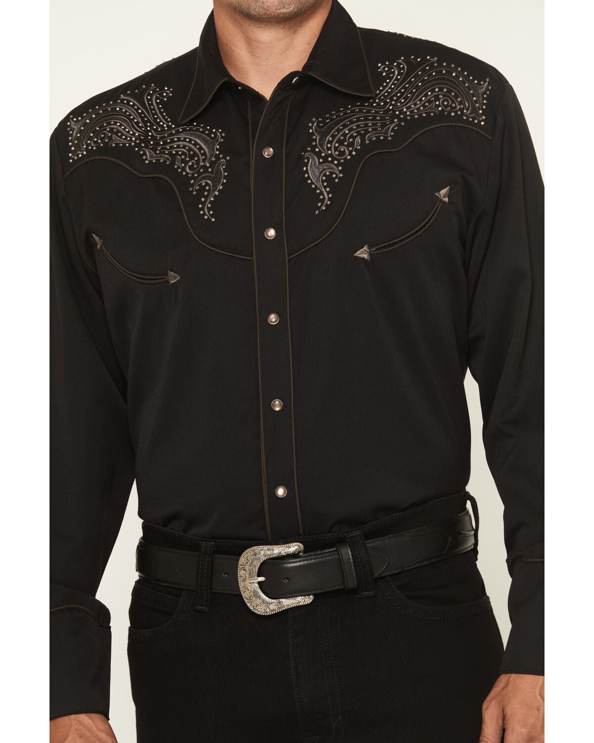 Image #3 - Scully Men's Embellished Solid Long Sleeve Pearl Snap Western Shirt, Black, hi-res