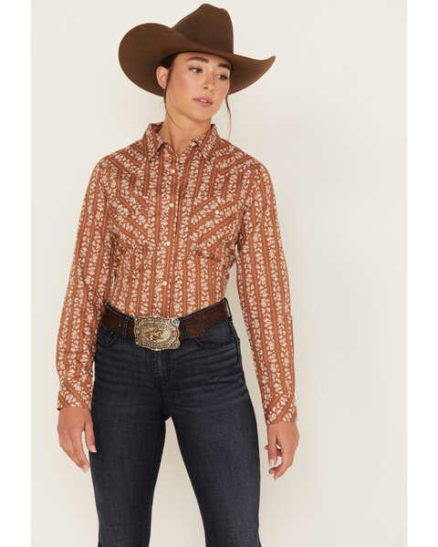 Wrangler Women's Floral Dot Stripe Print Long Sleeve Western Snap Shirt, Rust Copper, hi-res
