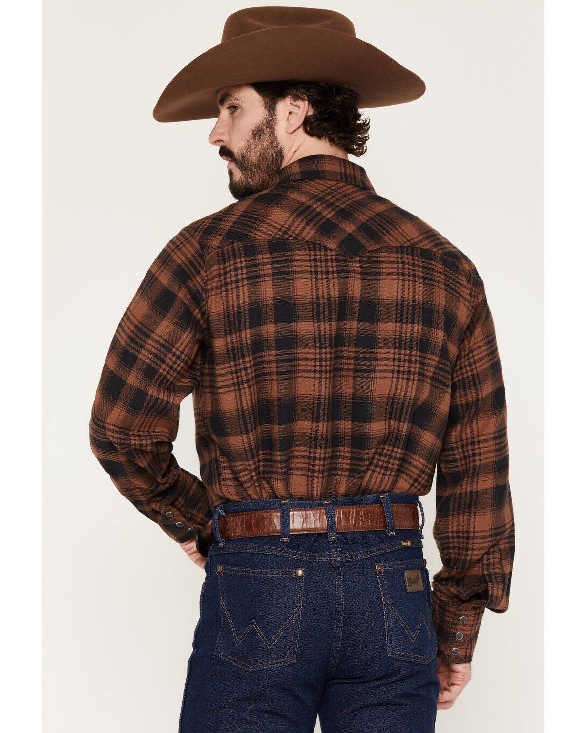 Image #4 - Wrangler Retro Men's Plaid Print Long Sleeve Snap Flannel Shirt, Brown, hi-res