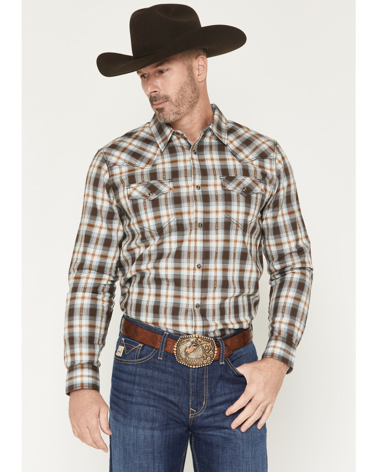Cody James The American Cowboy Southwestern Plaid Print Long Sleeve Snap Western Shirt, Brown, hi-res