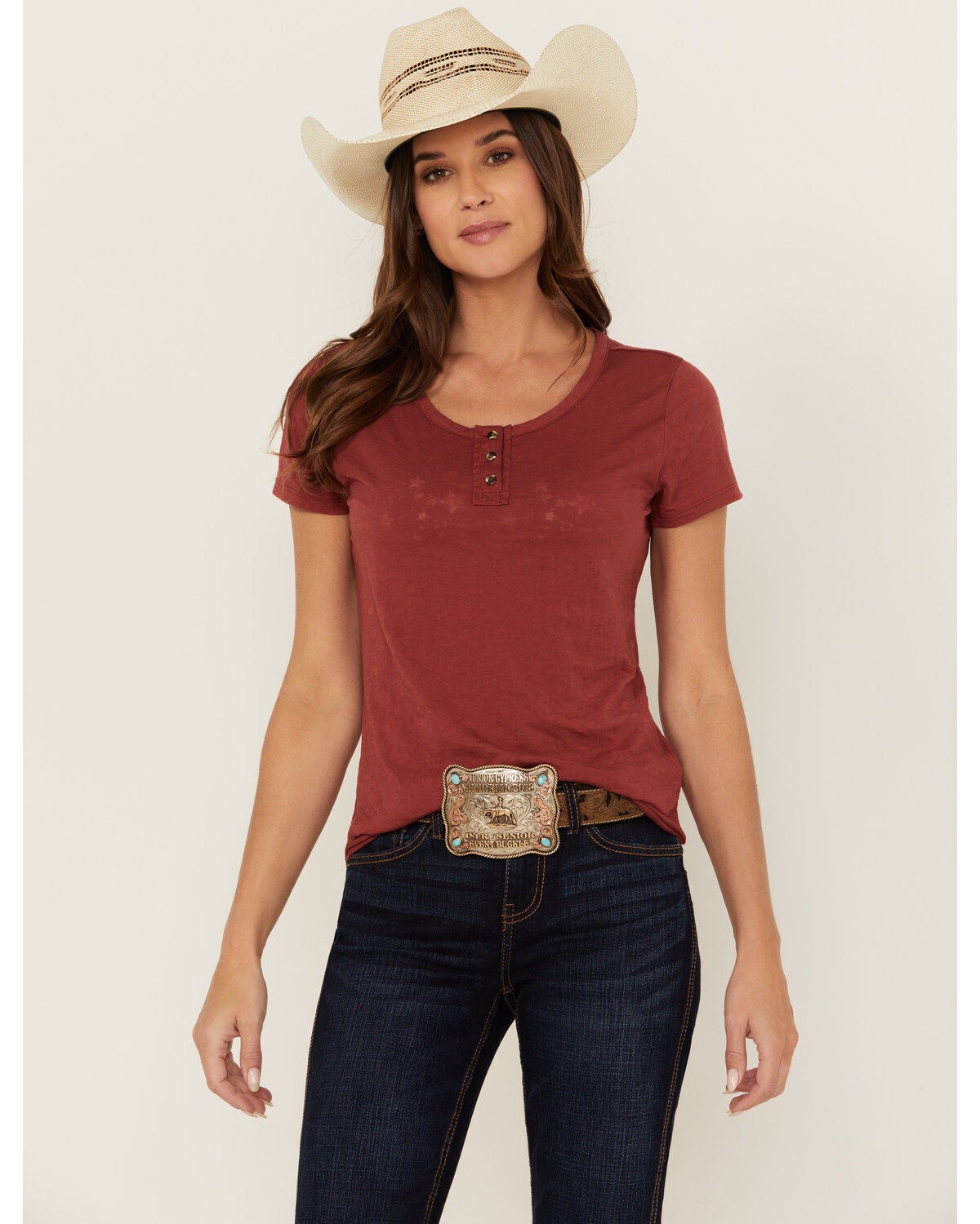 Shyanne Women's Lovell Star Burnout Henley Tee, Brick Red, hi-res