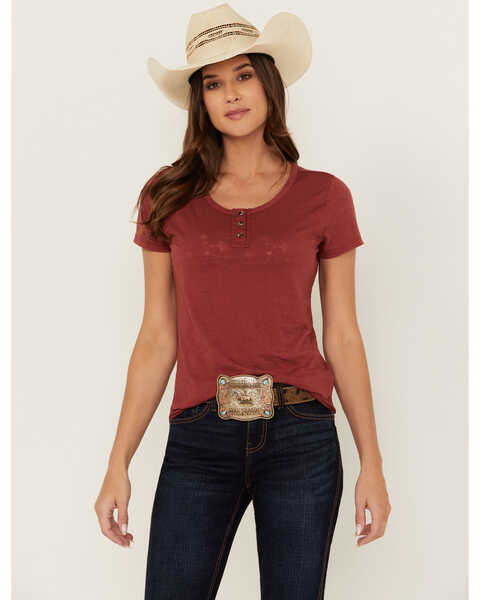 Image #1 - Shyanne Women's Lovell Star Burnout Henley Tee, Brick Red, hi-res