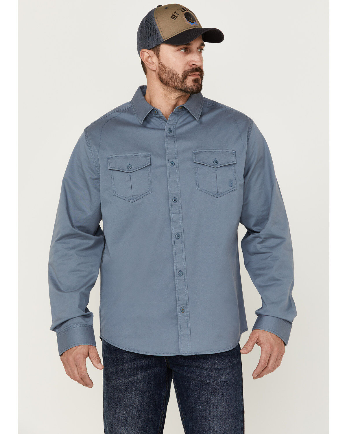 Image #2 - Brothers and Sons Men's Weathered Twill Solid Long Sleeve Button-Down Western Shirt, Indigo, hi-res