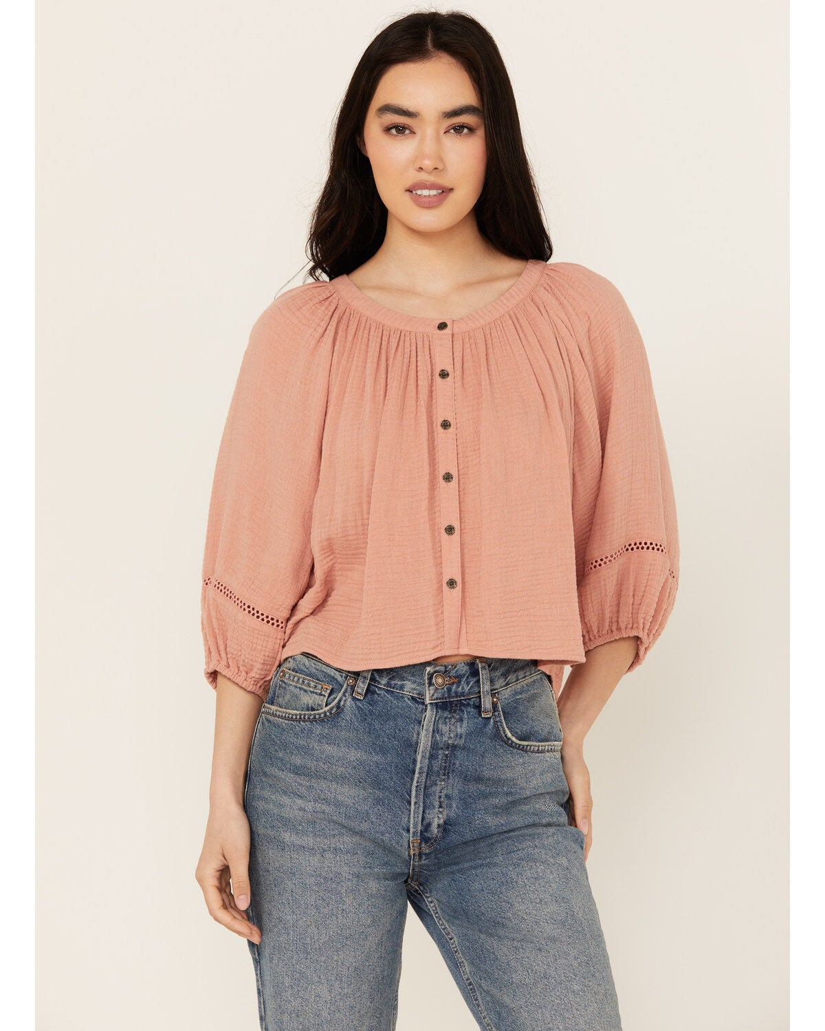 Cleo + Wolf Women's Brie Crochet Trim Long Sleeve Shirt, Peach, hi-res