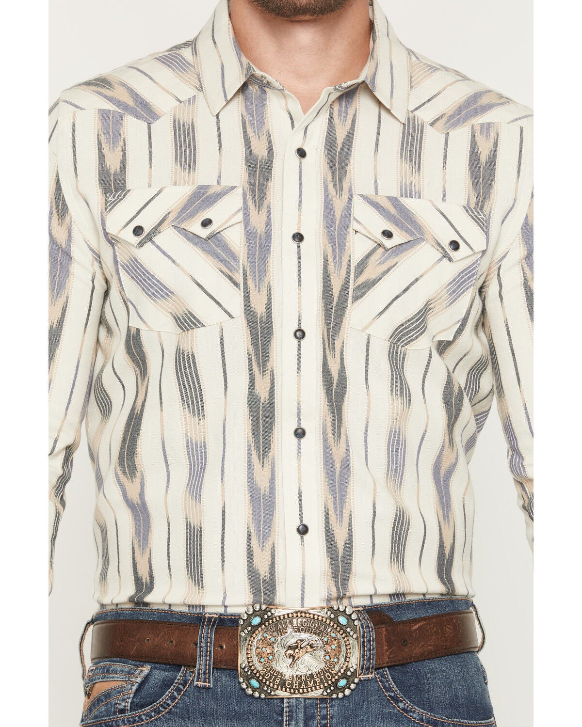 Image #3 - Panhandle Slim Men's Ikat Striped Print Long Sleeve Snap Western Shirt, Cream, hi-res