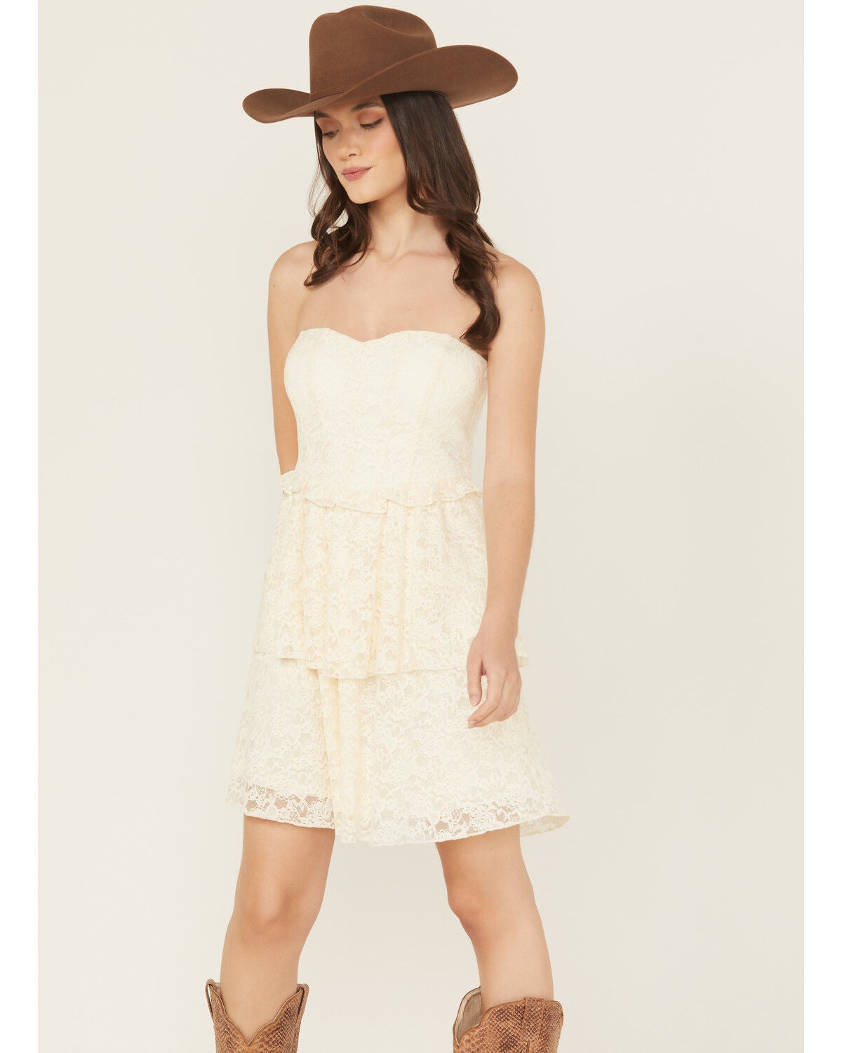 Image #2 - Originality Women's Boot Barn Exclusive Lace Tiered Mini Dress, Ivory, hi-res