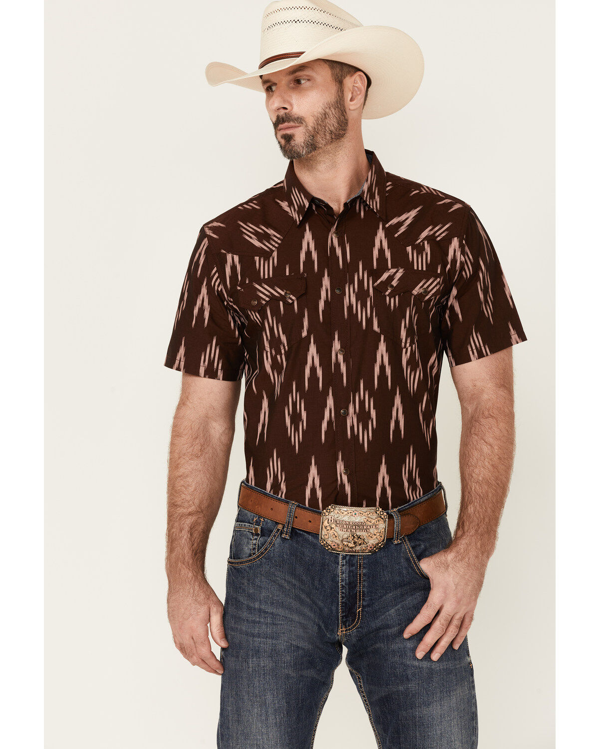 Image #1 - Cody James Men's Treaty Southwestern Print Short Sleeve Snap Western Shirt, Burgundy, hi-res
