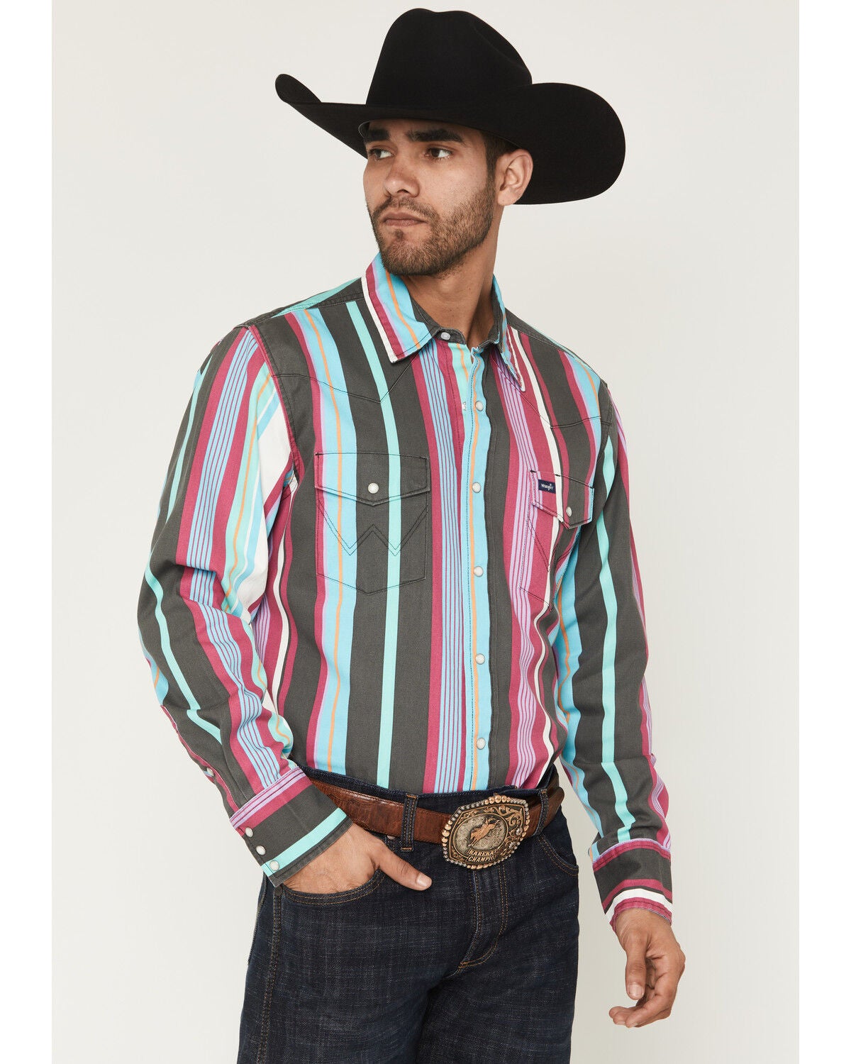 Wrangler Men's Brushpopper Denim Striped Long Sleeve Snap Western Shirt, Multi, hi-res