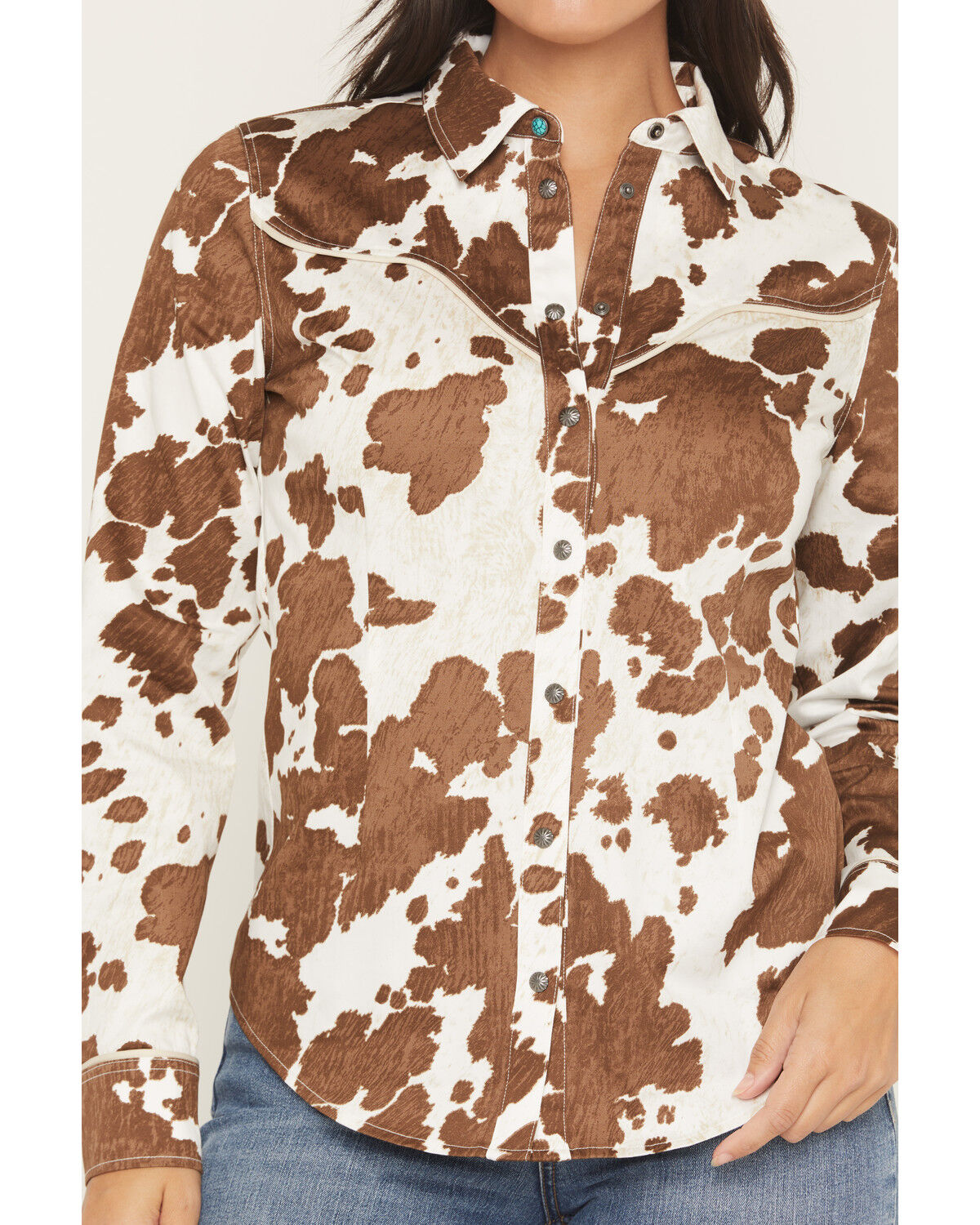 Image #3 - Shyanne Women's Junegrass Cow Print Long Sleeve Snap Stretch Western Shirt, Coffee, hi-res