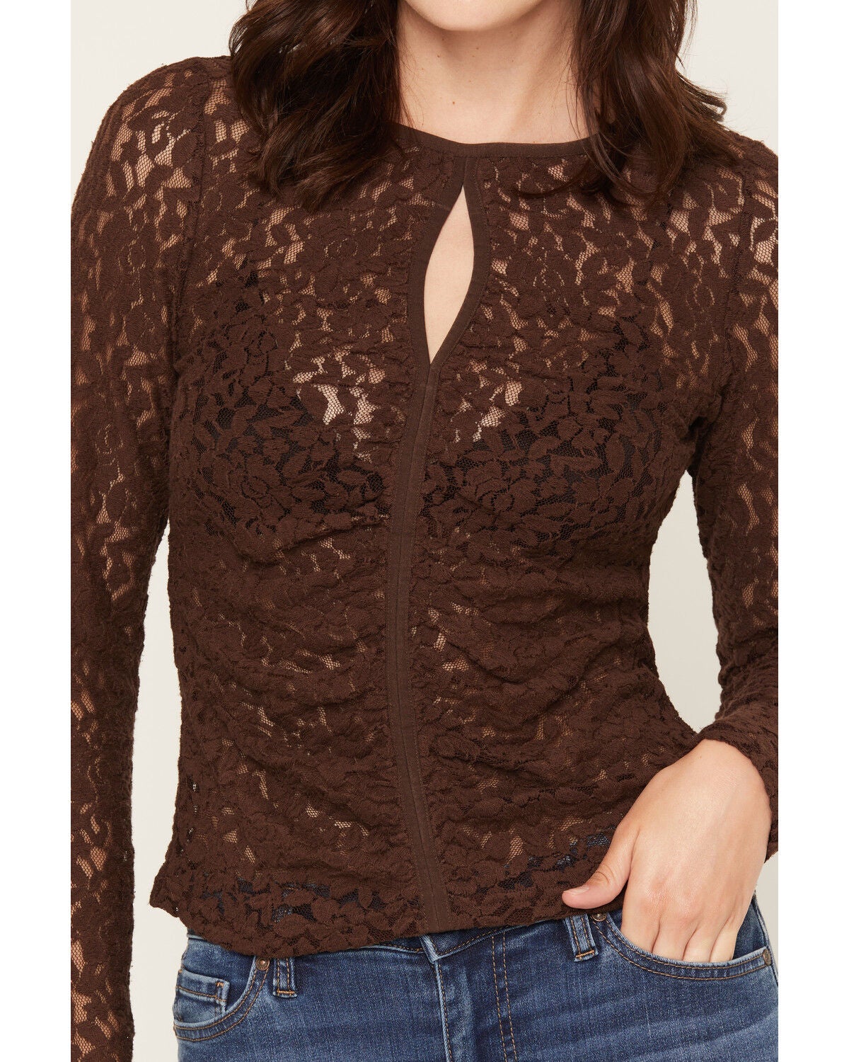 Image #3 - Shyanne Women's Ashley Long Sleeve Lace Keyhole Top, Dark Brown, hi-res