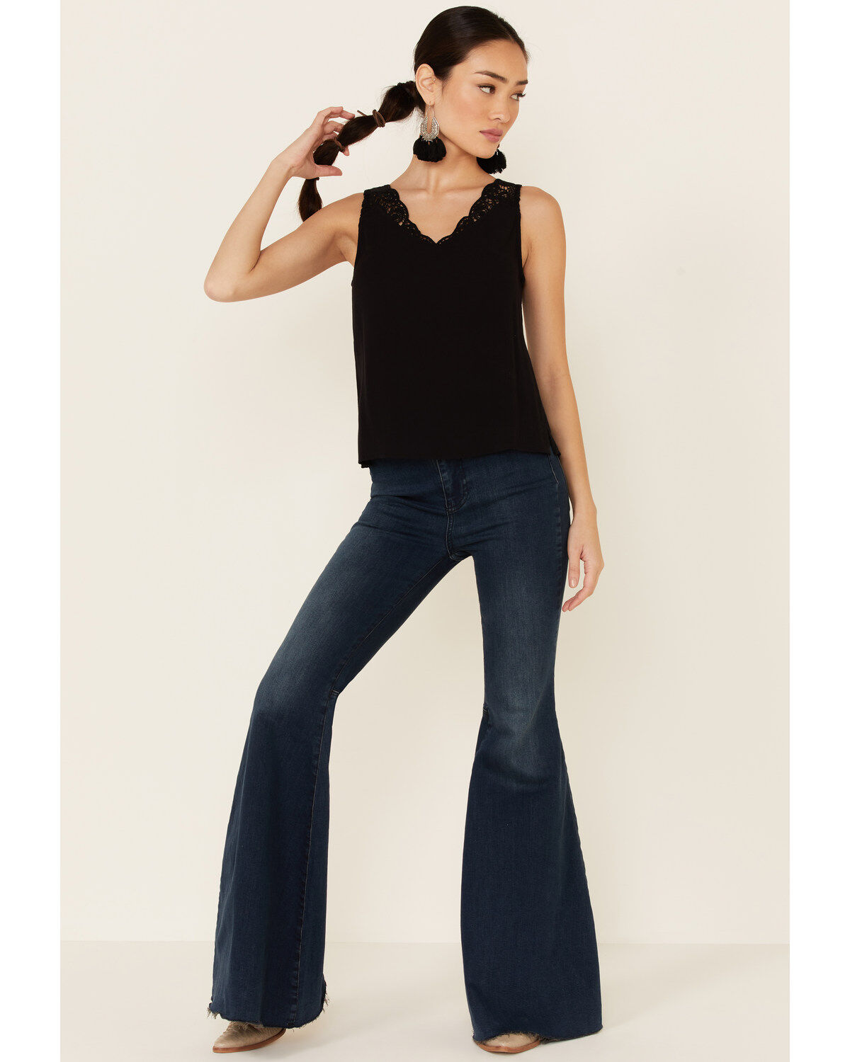 Image #2 - Shyanne Women's Black Ladder Lace Trim Tank Top , , hi-res