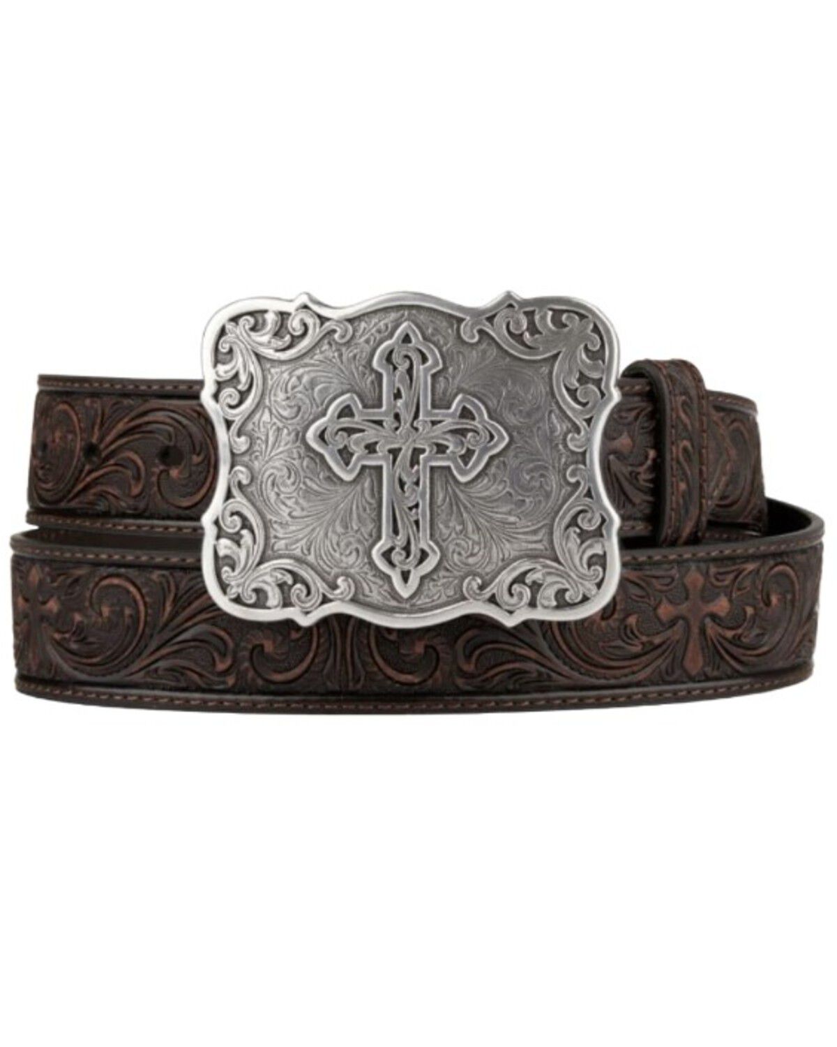 Image #2 - Nocona Belt Co. Women's Embossed Leather Cross Buckle Belt, Brown, hi-res