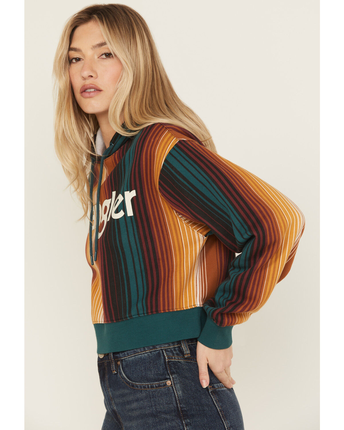 Image #2 - Wrangler Retro Women's Serape Striped Logo Cropped Hoodie, Teal, hi-res