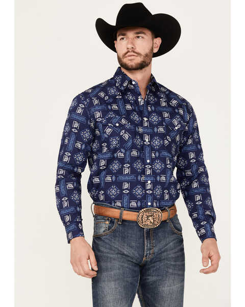 Rough Stock by Panhandle Men's Bandana Southwestern Long Sleeve Snap Western Shirt, Navy, hi-res