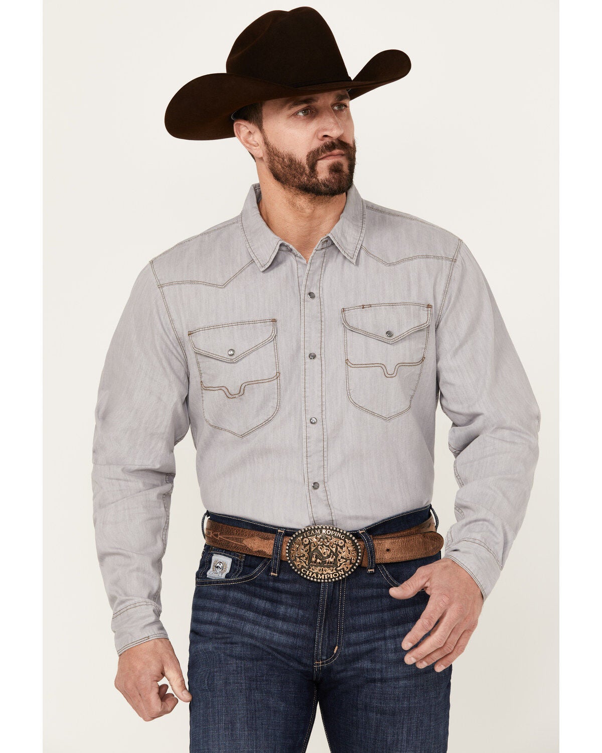 Kimes Ranch Men's Grimes Denim Long Sleeve Pearl Snap Western Shirt, Grey, hi-res