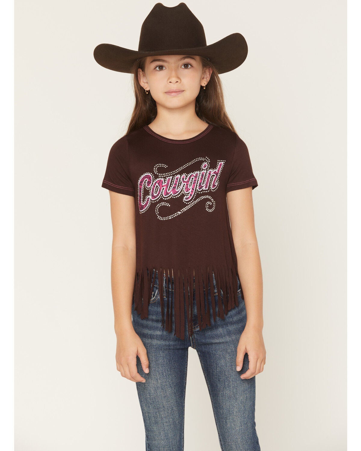 Cowgirl Hardware Girls' Cowgirl Fringe Short Sleeve Tee, Brown, hi-res
