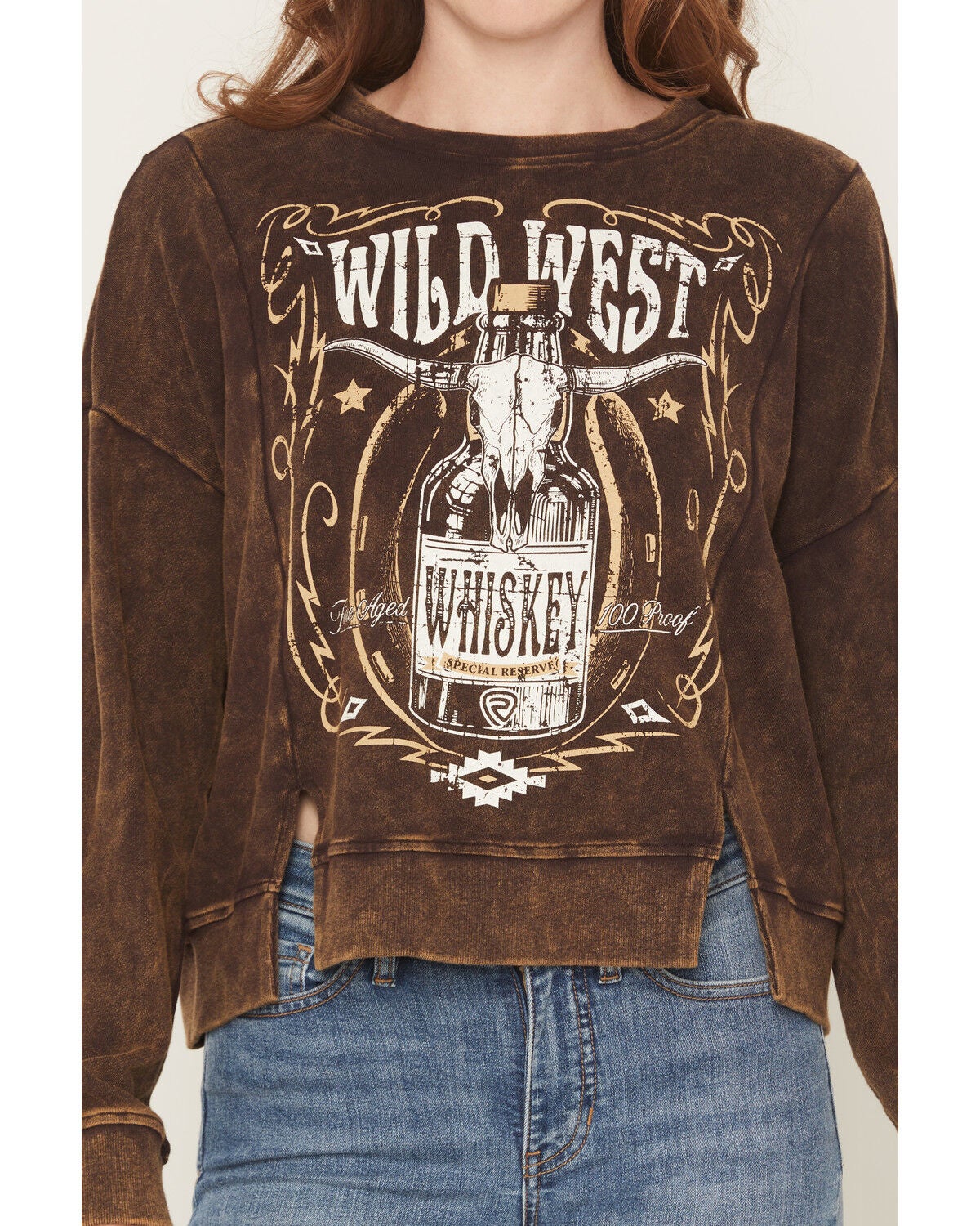 Image #3 - Rock & Roll Denim Women's Wild West Whiskey Pullover Sweatshirt, Brown, hi-res