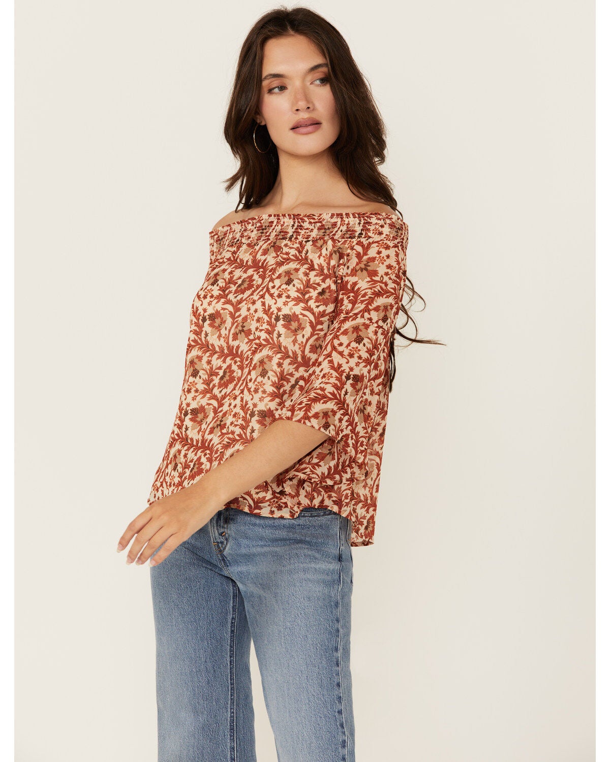 Shyanne Women's Floral Print Off The Shoulder Long Sleeve Blouse, Taupe, hi-res