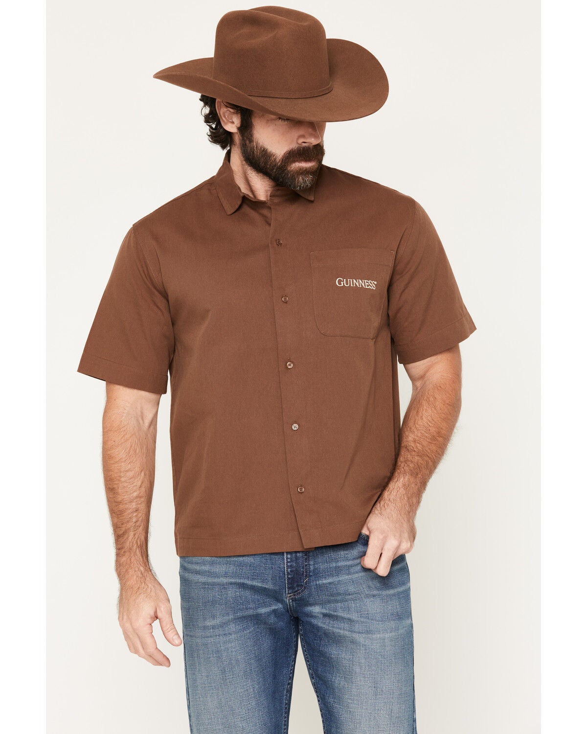 Image #2 - Guinness Men's Boot Barn Exclusive Embroidered Short Sleeve Button-Down Shirt, Brown, hi-res