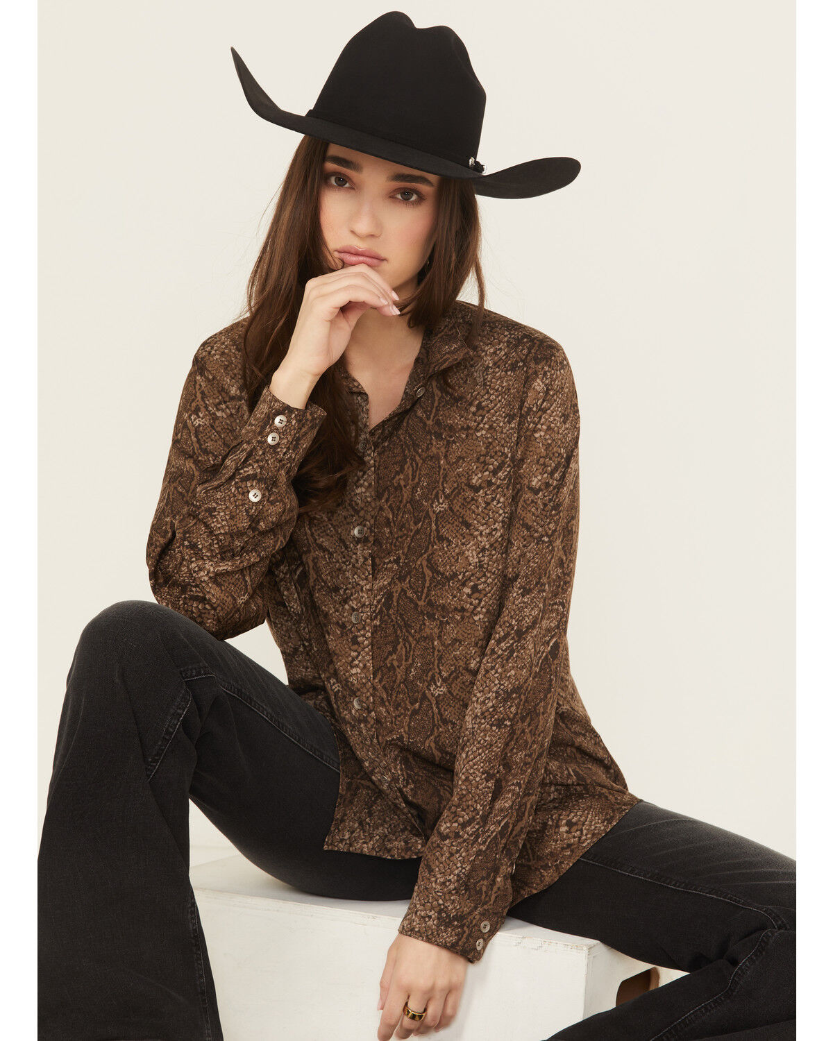Image #1 - Ariat Women's Homestyle Desert Snake Print Long Sleeve Button-Down Western Shirt, Brown, hi-res