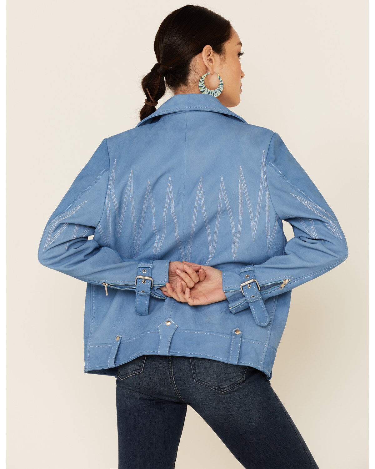 Image #4 - Understated Leather Women's Sunburst Leather Zip-Front Moto Jacket, Turquoise, hi-res