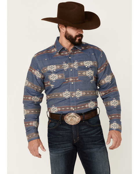 Ariat Men's Hector Retro Southwestern Print Long Sleeve Snap Western Shirt , Blue, hi-res