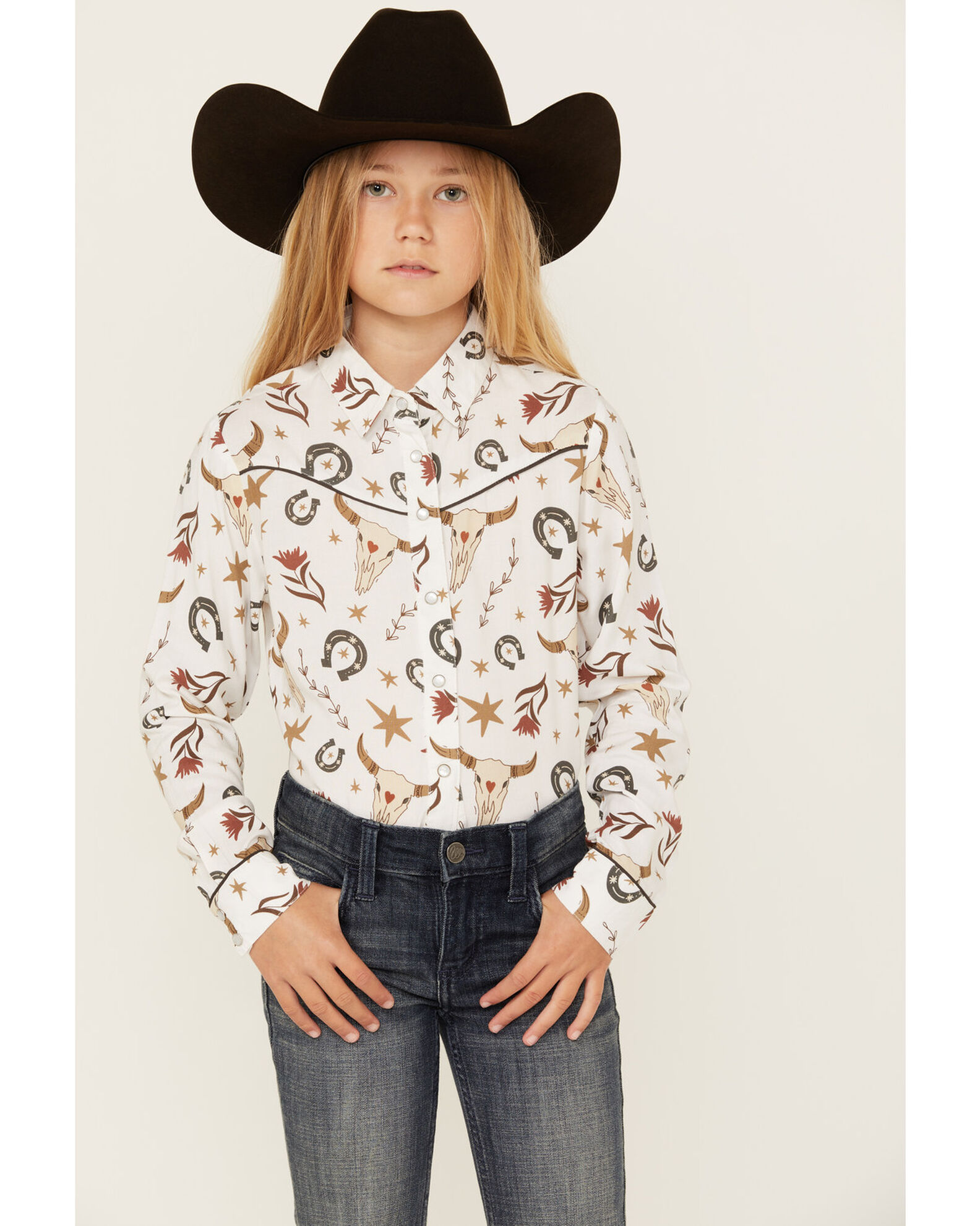 Cotton & Rye Girls' Skull Conversation Print Long Sleeve Pearl Snap Western Shirt