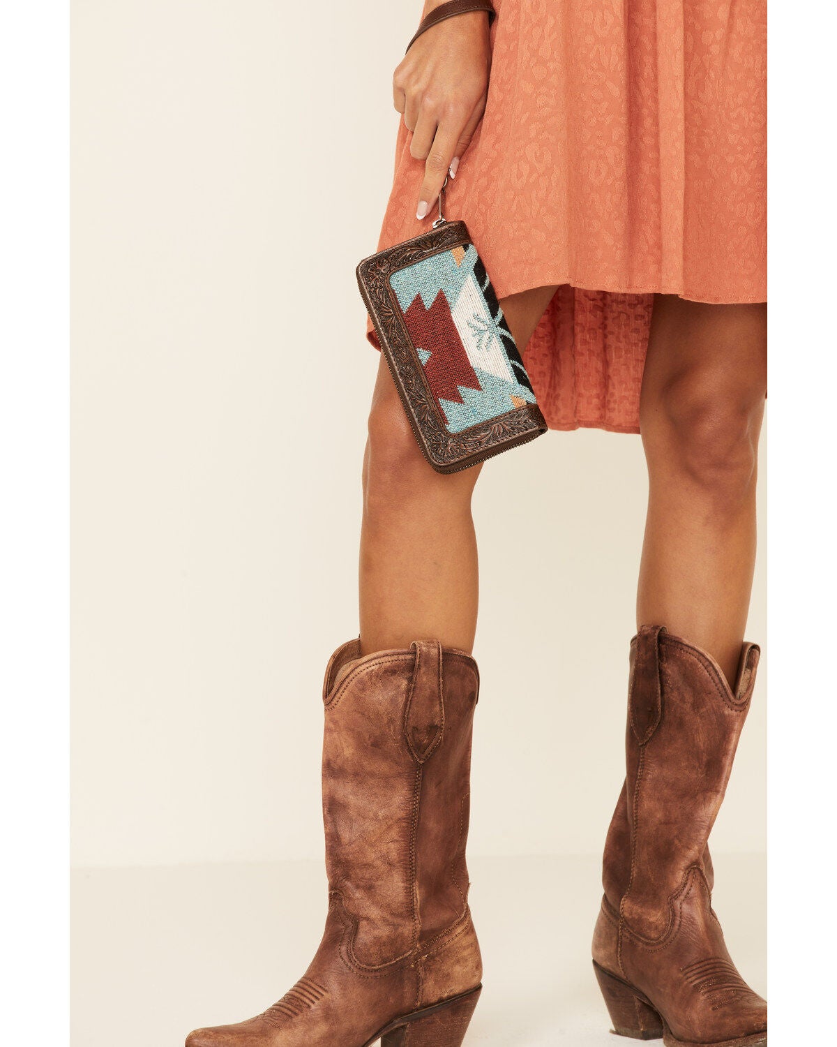 Shyanne Women's Southwestern Tooled Wallet, Brown, hi-res