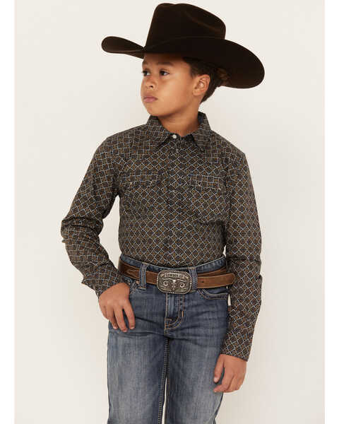 Cody James Boys' Big Bucks Geo Print Long Sleeve Western Snap Shirt, Dark Brown, hi-res