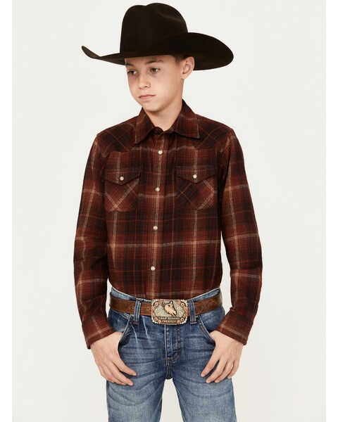 Ariat Boys' Retro Hiller Plaid Print Long Sleeve Snap Western Shirt, Rust Copper, hi-res