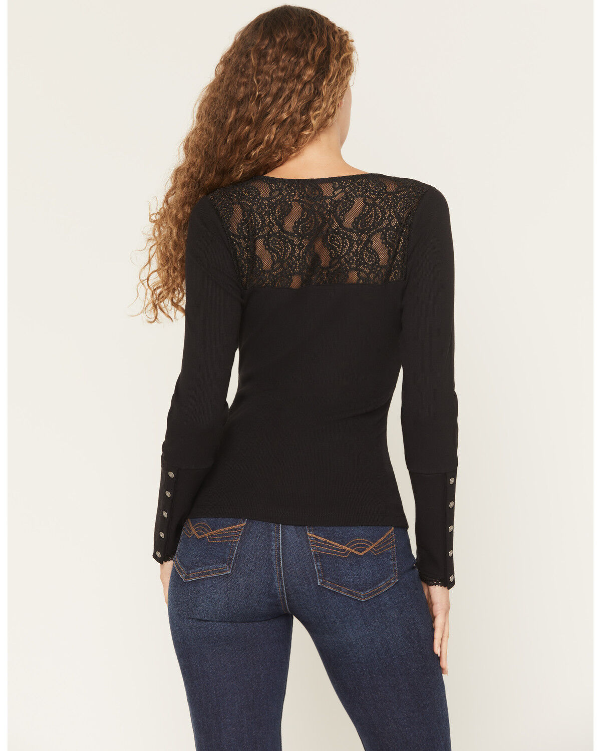 Image #4 - Idyllwind Women's Sugarhill Lace Long Sleeve Ribbed Shirt, Black, hi-res