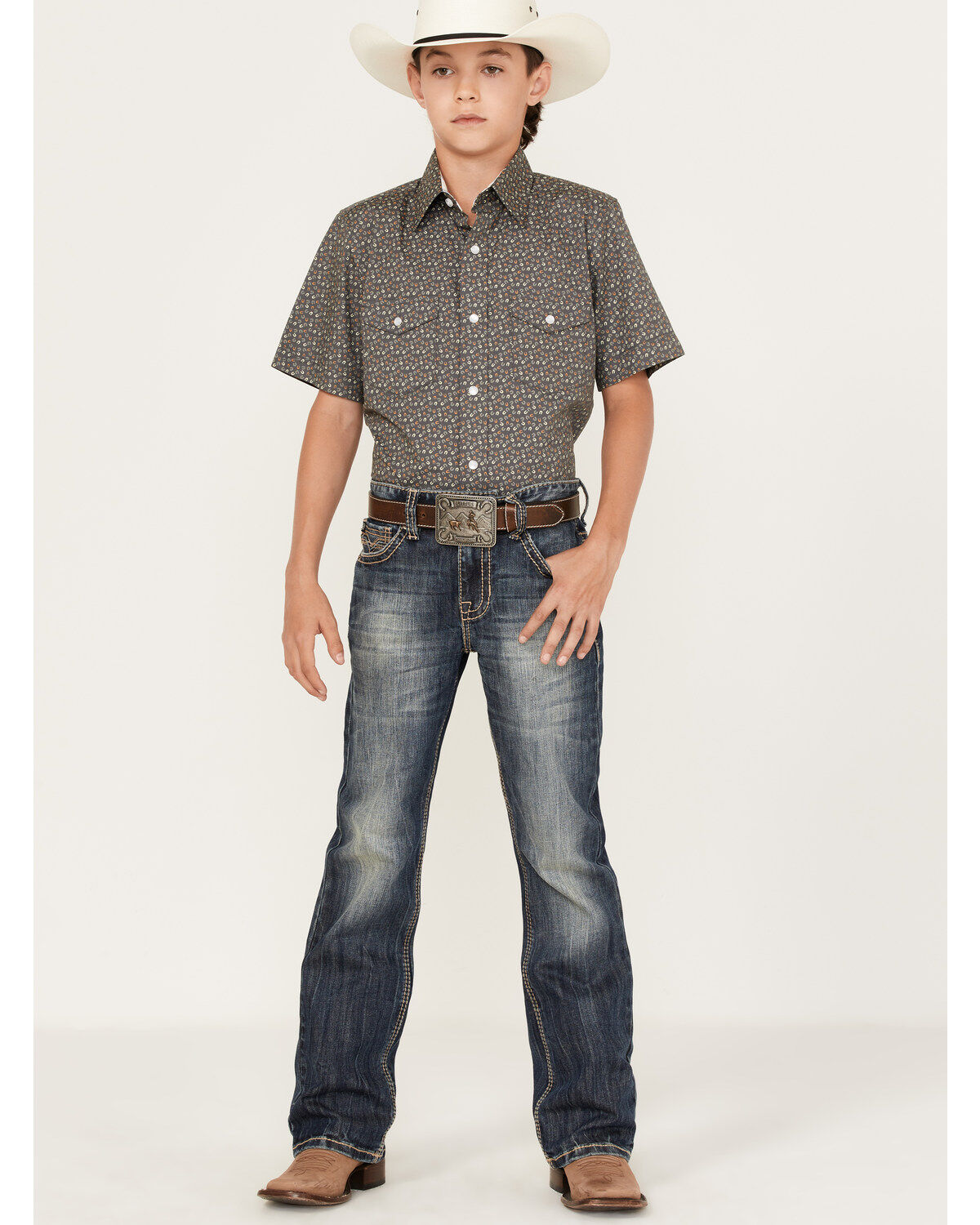 Image #2 - Panhandle Boys' Horseshoe Print Short Sleeve Western Pearl Snap Shirt, Yellow, hi-res