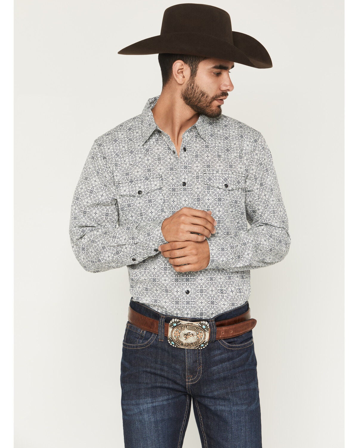Image #1 - Gibson Trading Co Men's Twisted Medallion Long Sleeve Snap Western Shirt, White, hi-res