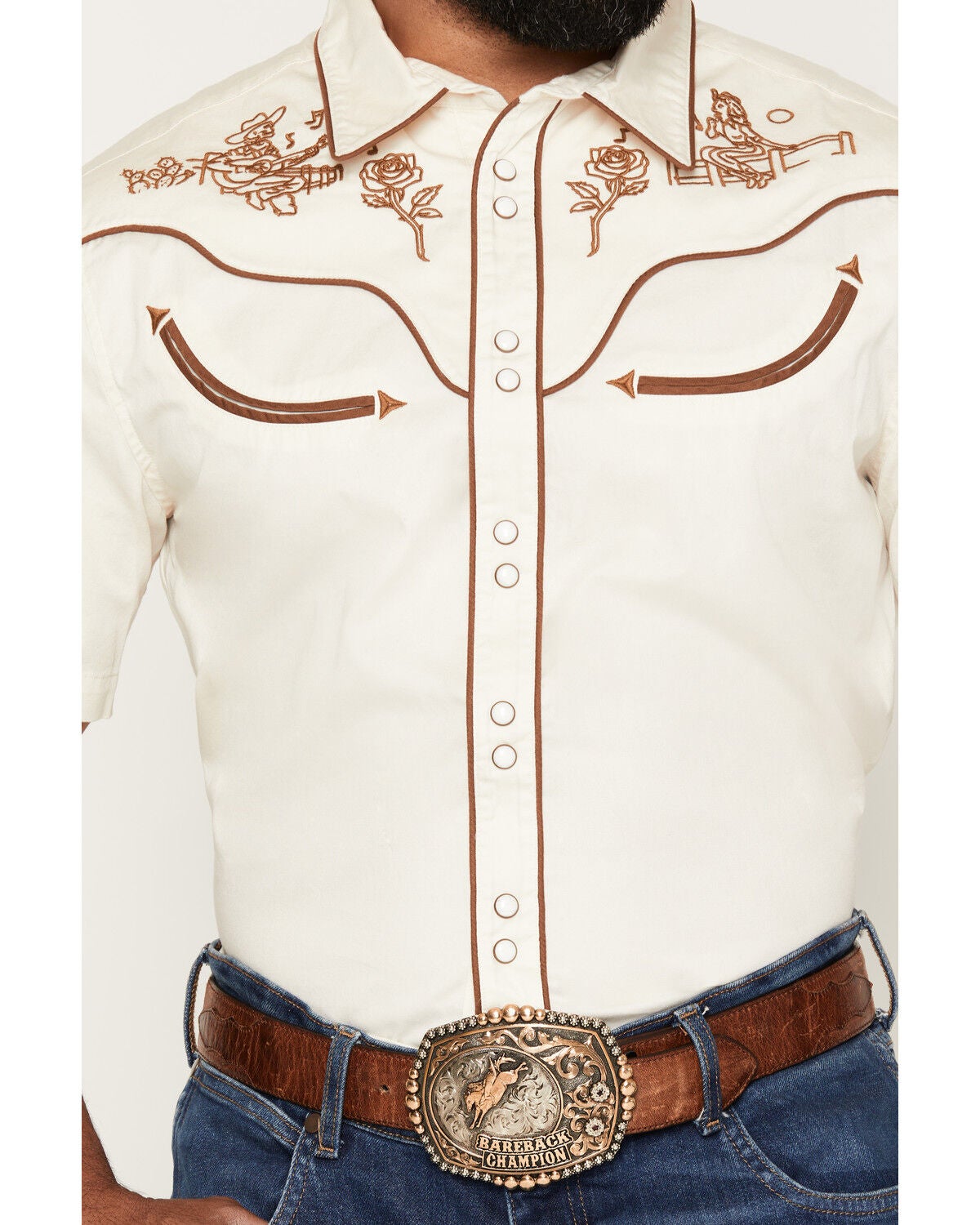 Image #3 - Sendero Provisions Men's Prescott Embroidered Short Sleeve Snap Western Shirt, Off White, hi-res