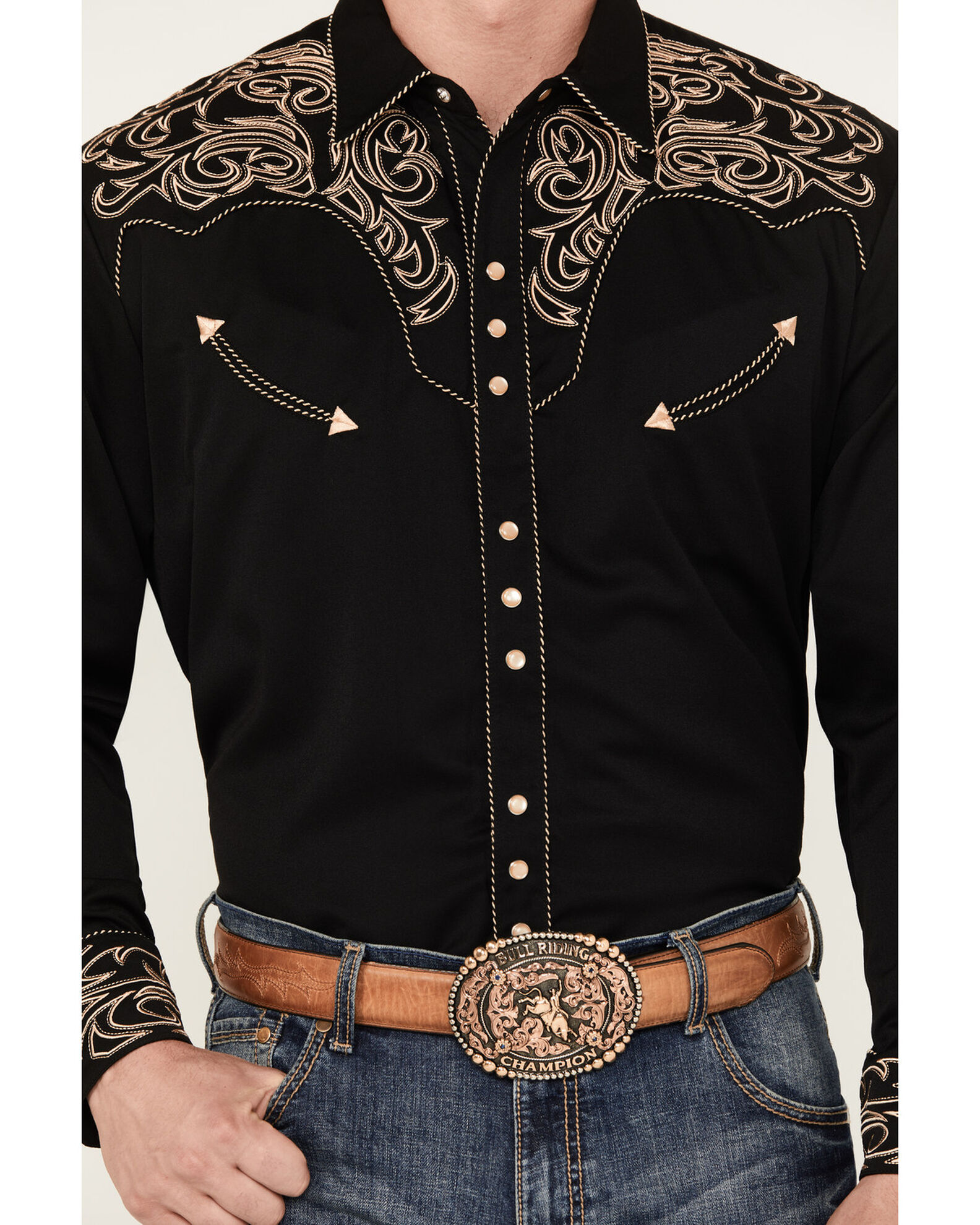 Image #3 - Scully Men's Embroidered Scroll Long Sleeve Snap Western Shirt, Black, hi-res