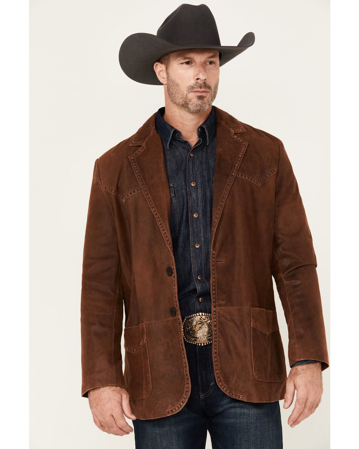 Cripple Creek Men's Leather Stitched Blazer, Brown, hi-res