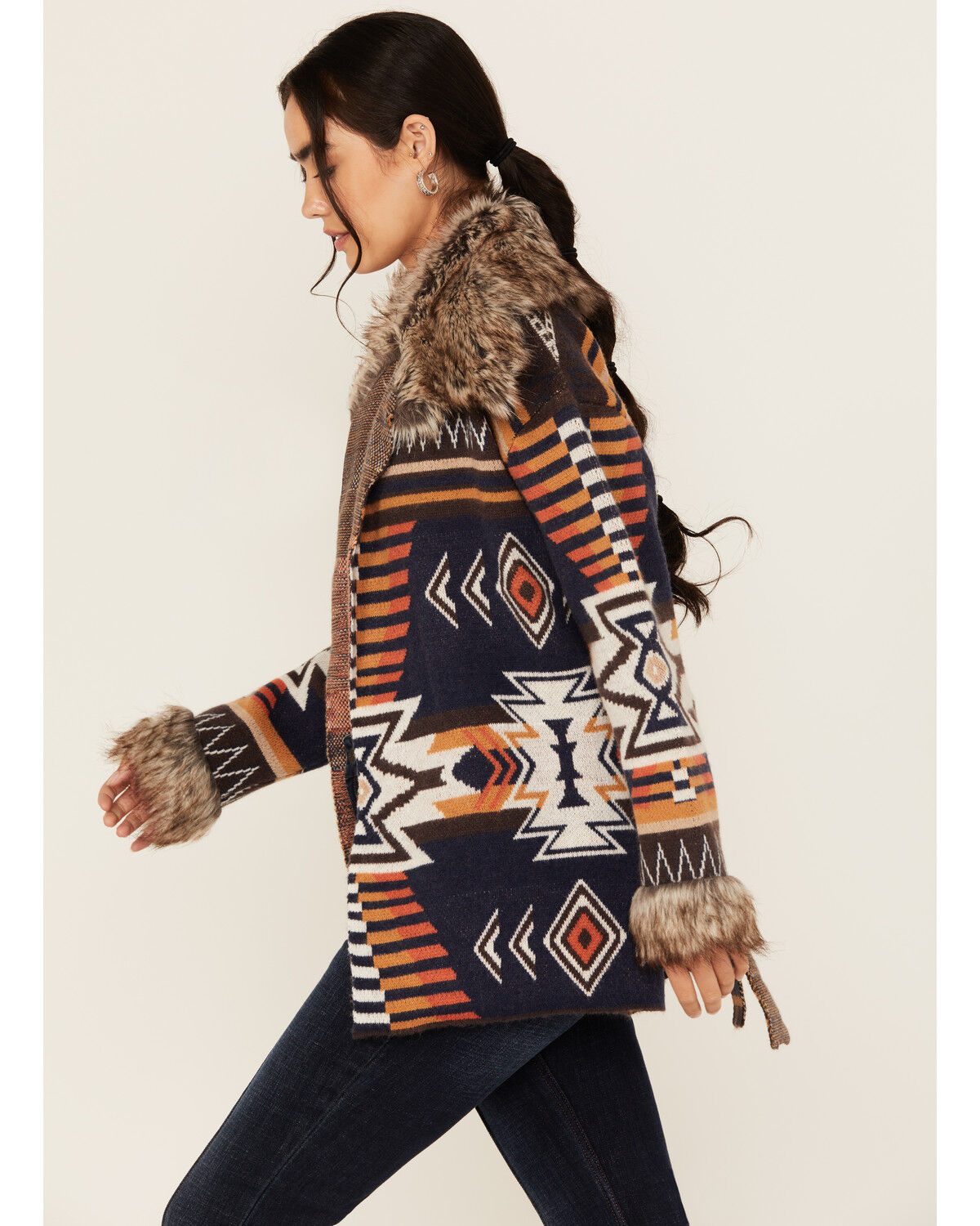 Image #2 - Shyanne Women's Faux Fur Trim Belted Sweater, Navy, hi-res